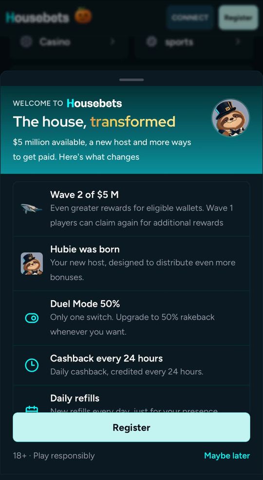 Housebets welcome screen listing Wave 2 of $5M, Duel Mode 50% rakeback, cashback every 24 hours and daily refills